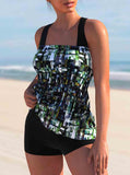 Brush Stroke Print Cross Strap Tankini Set