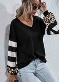 Stripe Leopard Long Sleeve Knit Sweatshirt