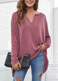 Solid V-neck Loose Bat Sleeve T-shirt