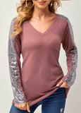 Knit Waffle Panel V-neck Sequin Top