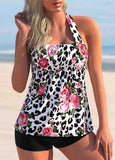 Leopard Floral Print Halter Tankini Set