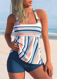 Wide Strap Striped Blue Tankini Set