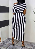 Striped Print One Shoulder Wrap Midi Dress