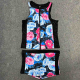 Flower Print Zipper Front Swimwear Top and Shorts - soofoom.com