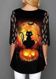 Halloween Print Mesh Panel Button Decorated T Shirt