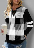 Patchwork Plaid Split Neck Long Sleeve Sweatshirt