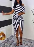 Striped Print One Shoulder Wrap Midi Dress