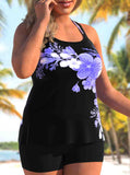 Plus Size Floral Printed Cross Strap Tankini Set