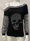 Leopard Skeleton Print  Off Shoulder Panel  Diamond T-Shirt