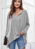 Solid V-neck Loose Bat Sleeve T-shirt