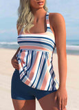 Wide Strap Striped Blue Tankini Set