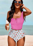 Printed Contrast Button Tankini Set