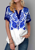 Split Neck Print Short Sleeve Blouse