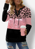 Sequin Panel Lace Up Leopard Sweatshirt