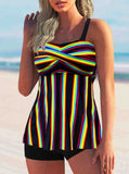 Rainbow Stripe Spaghetti Strap Cross Front Tankini Set