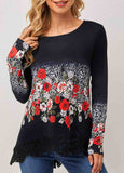 Lace Stitching Floral Print Multi Color T Shirt