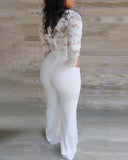 Lace Bodice Plunge Long Sleeve Jumpsuit