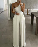 One Shoulder Ruched Wide Leg Jumpsuit