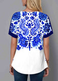 Split Neck Print Short Sleeve Blouse