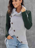 Button Asymmetric Hem Wrap Pullover Sweater