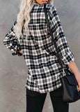 Plaid Lace Up Turndown Collar Long Sleeve Blouse