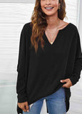 Solid V-neck Loose Bat Sleeve T-shirt