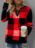 Patchwork Plaid Split Neck Long Sleeve Sweatshirt