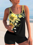 Sunflower Print Double Straps Tankini Set