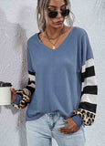 Striped Leopard Long Sleeve Knit Sweatshirt