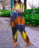 Tie Dye Print Short Sleeve Pocket Design Jumpsuit