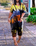 Tie Dye Print Short Sleeve Pocket Design Jumpsuit