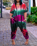 Tie Dye Print Short Sleeve Pocket Design Jumpsuit