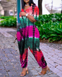 Tie Dye Print Short Sleeve Pocket Design Jumpsuit