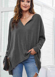 Solid V-neck Loose Bat Sleeve T-shirt