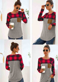 Plaid Stitched Long Sleeve Pocket T-Shirt