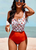 Printed Contrast Button Tankini Set