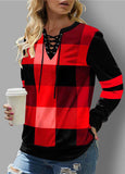 Patchwork Plaid Split Neck Long Sleeve Sweatshirt