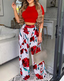 O-neck Top & Floral Print Wide Leg Pants Set