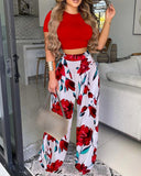 O-neck Top & Floral Print Wide Leg Pants Set