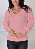 Solid V-Neck long sleeve button Top