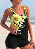 Sunflower Print Double Straps Tankini Set