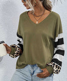 Stripe Leopard Long Sleeve Knit Sweatshirt