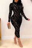 Geometric Print Long Sleeve Bodycon Maxi Dress