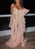 Open Back Semi Sheer Ruffled Maxi Dress