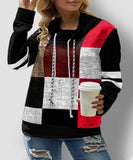 Drawstring Neck Plaid Long Sleeve Contrast Sweatshirt