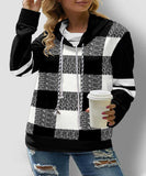 Drawstring Neck Plaid Long Sleeve Contrast Sweatshirt