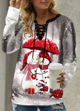 Lace Up Christmas Snowflake Print Multi Color Sweatshirt