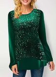 Sequin Green Velvet Stitching Round Neck Sweatshirt