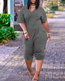 Pocket Design Plain Short Sleeve Jumpsuit