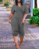 Pocket Design Plain Short Sleeve Jumpsuit